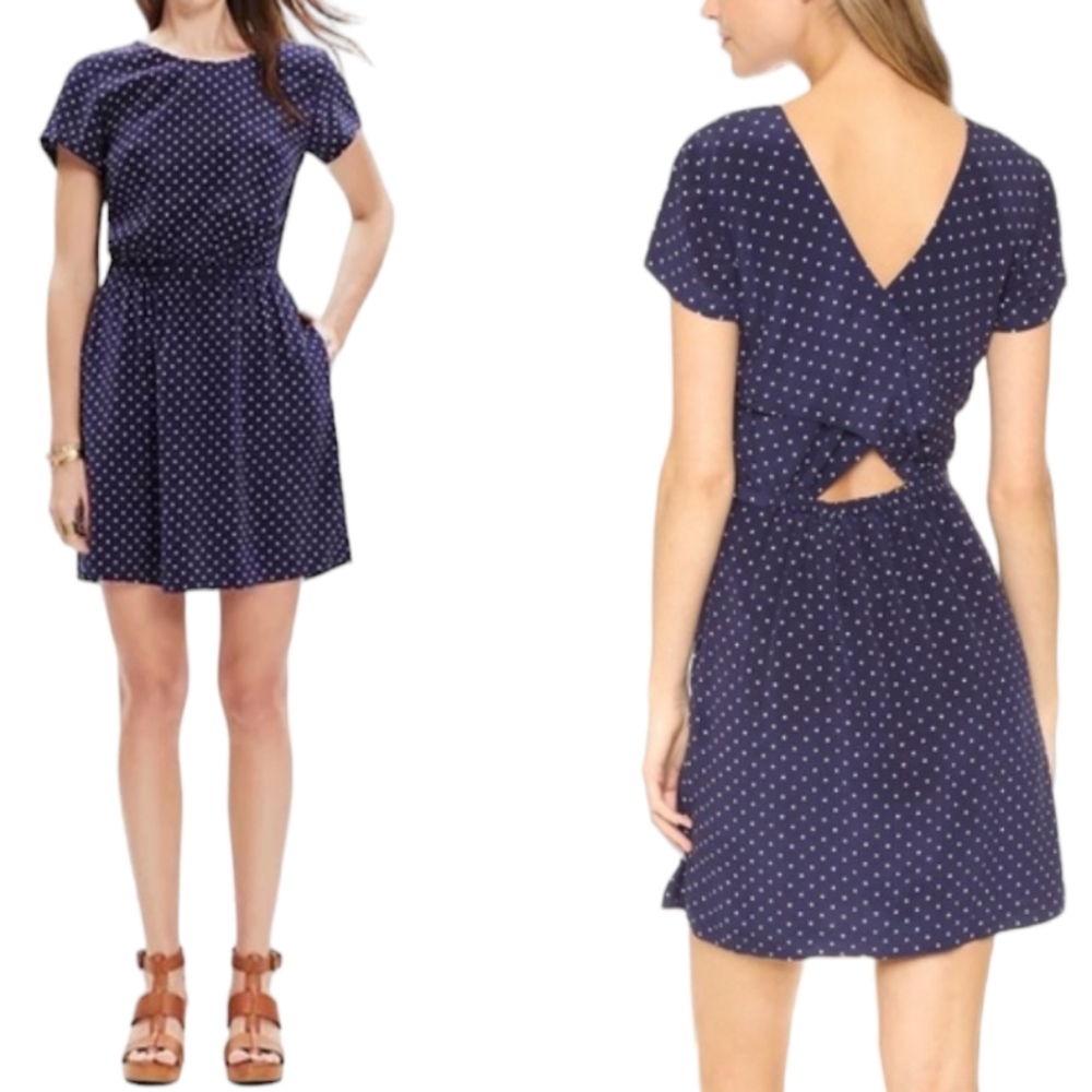 Madewell Silk Navy Stars & Dots Mini Dress Criss Cross Back & Pockets